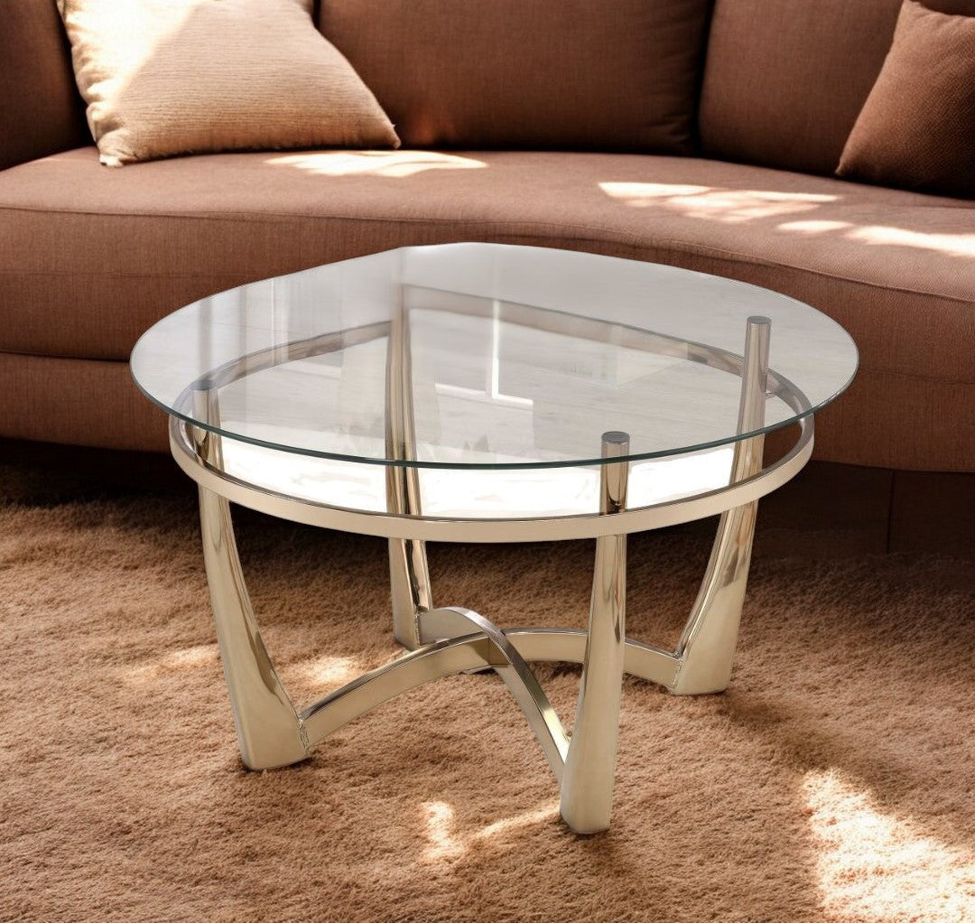 35" Clear And Champagne Glass And Metal Round Coffee Table