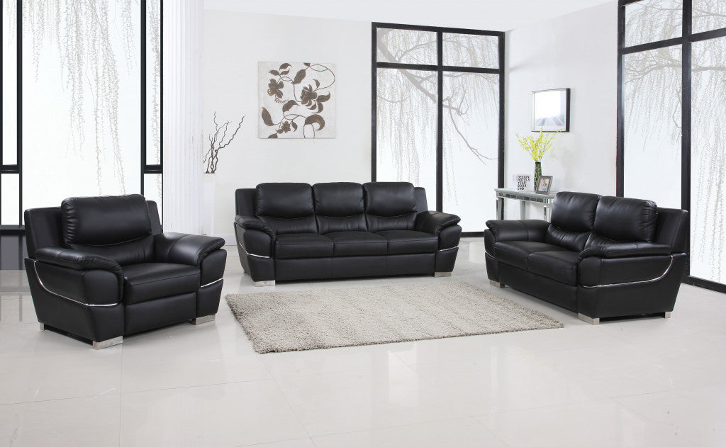 Three Piece Indoor Black Genuine Leather Six Person Seating Set