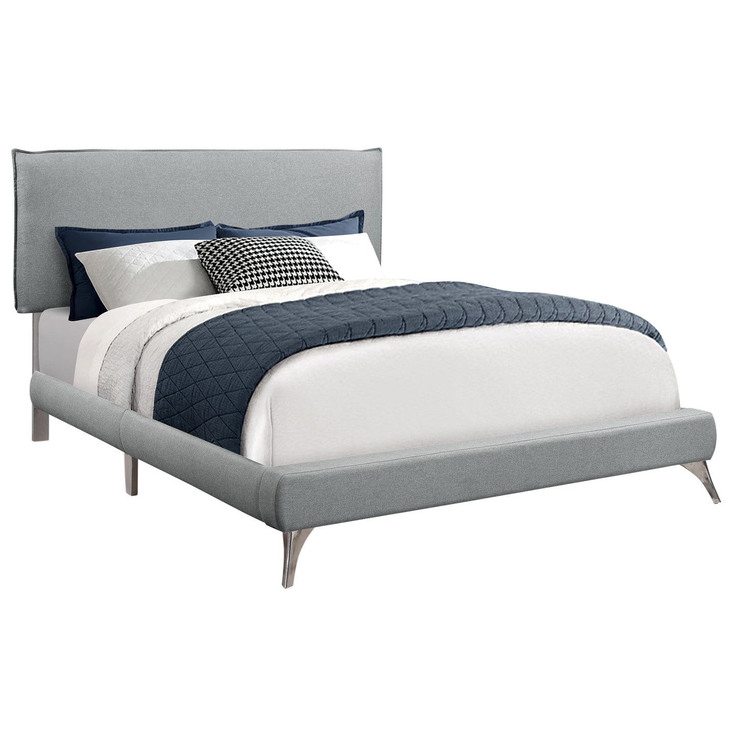 Gray Solid Wood Queen Upholstered Linen Bed Frame with Nailhead Trim