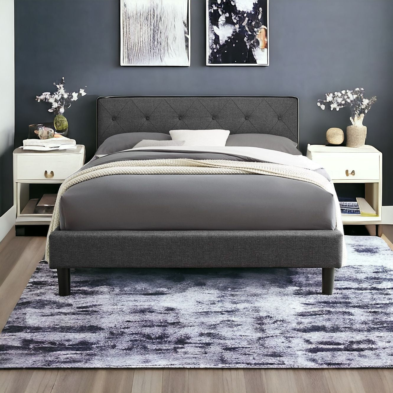 Gray Wood Upholstered Queen Bed Frame