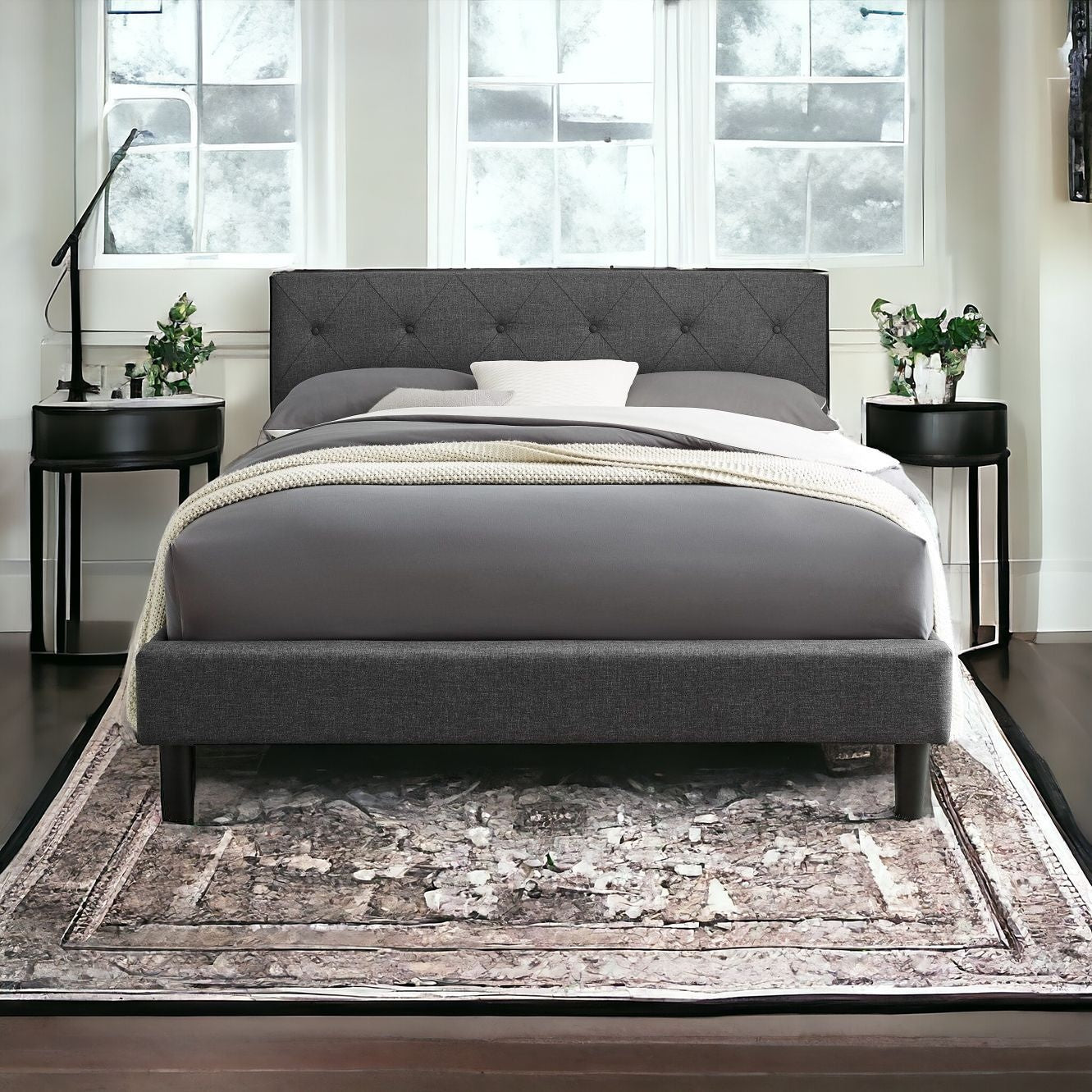 Gray Wood Upholstered Queen Bed Frame