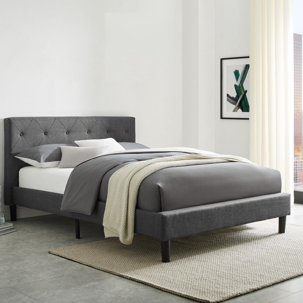 Gray Wood Upholstered Queen Bed Frame