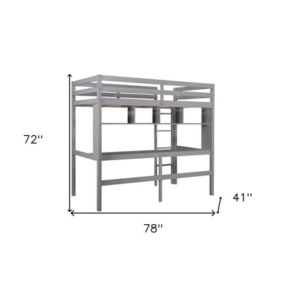 Minimalist Gray Twin Size Loft Bed with Built In Desk and Shelf