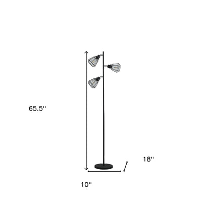 66" Black Three Light Tree Floor Lamp With Black Metal Cage Shade