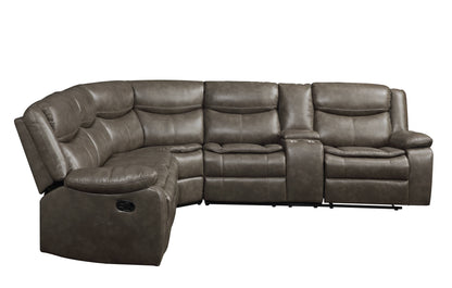 Taupe Faux Leather Reclining L Shaped Six Piece Corner Sectional With Console