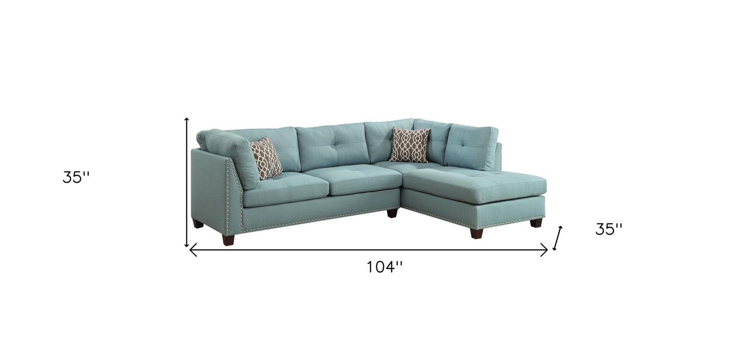 Teal Blue Linen L Shaped Three Piece Sofa and Chaise Sectional And Toss Pillows