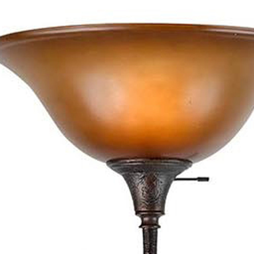 72" Rusted Torchiere Floor Lamp With Brown Frosted Glass Dome Shade