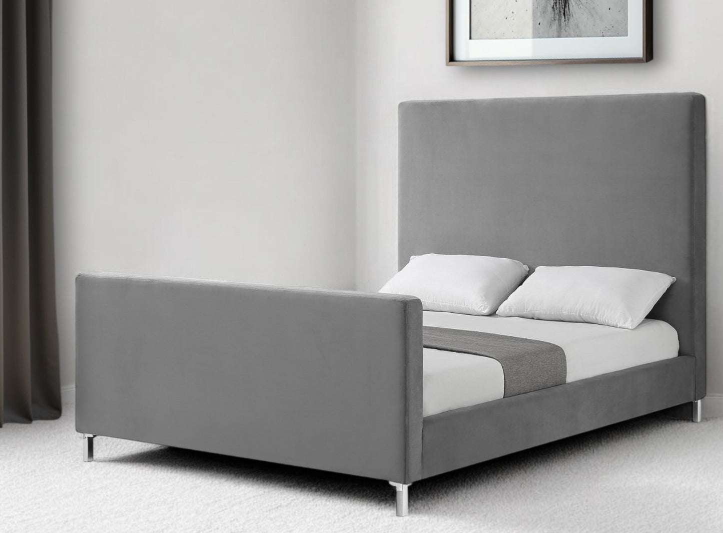 Gray Solid Wood Queen Upholstered Velvet Bed