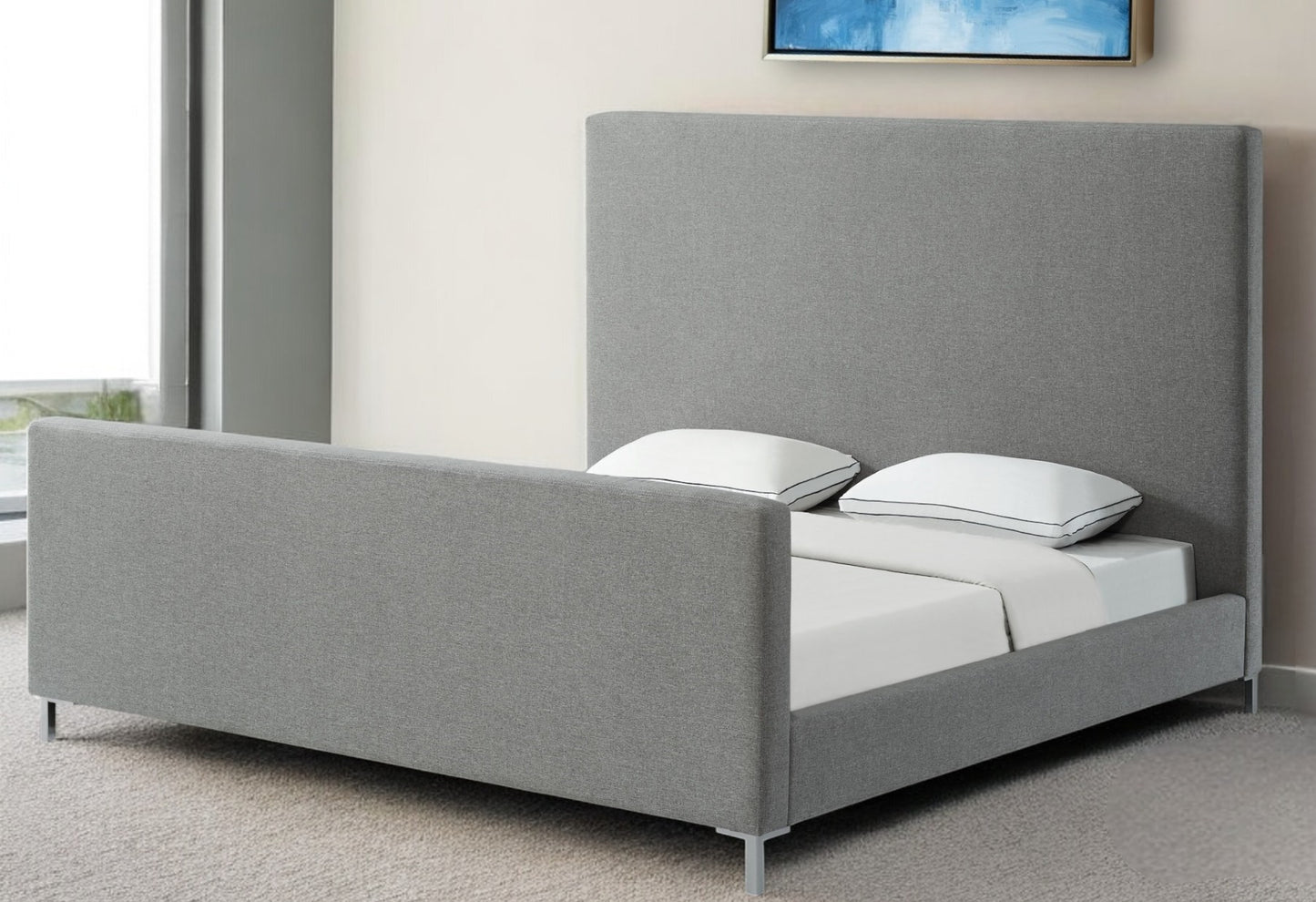 Gray Solid Wood Queen Upholstered Velvet Bed