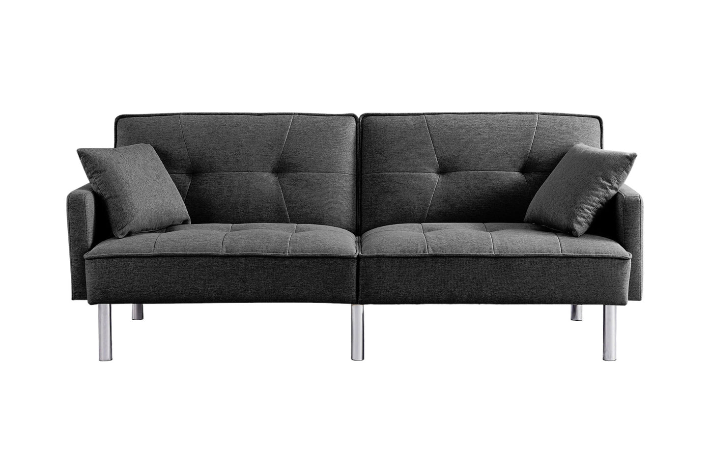 85" Dark Gray Polyester Blend Convertible Futon Sleeper Sofa And Toss Pillows With Silver Legs